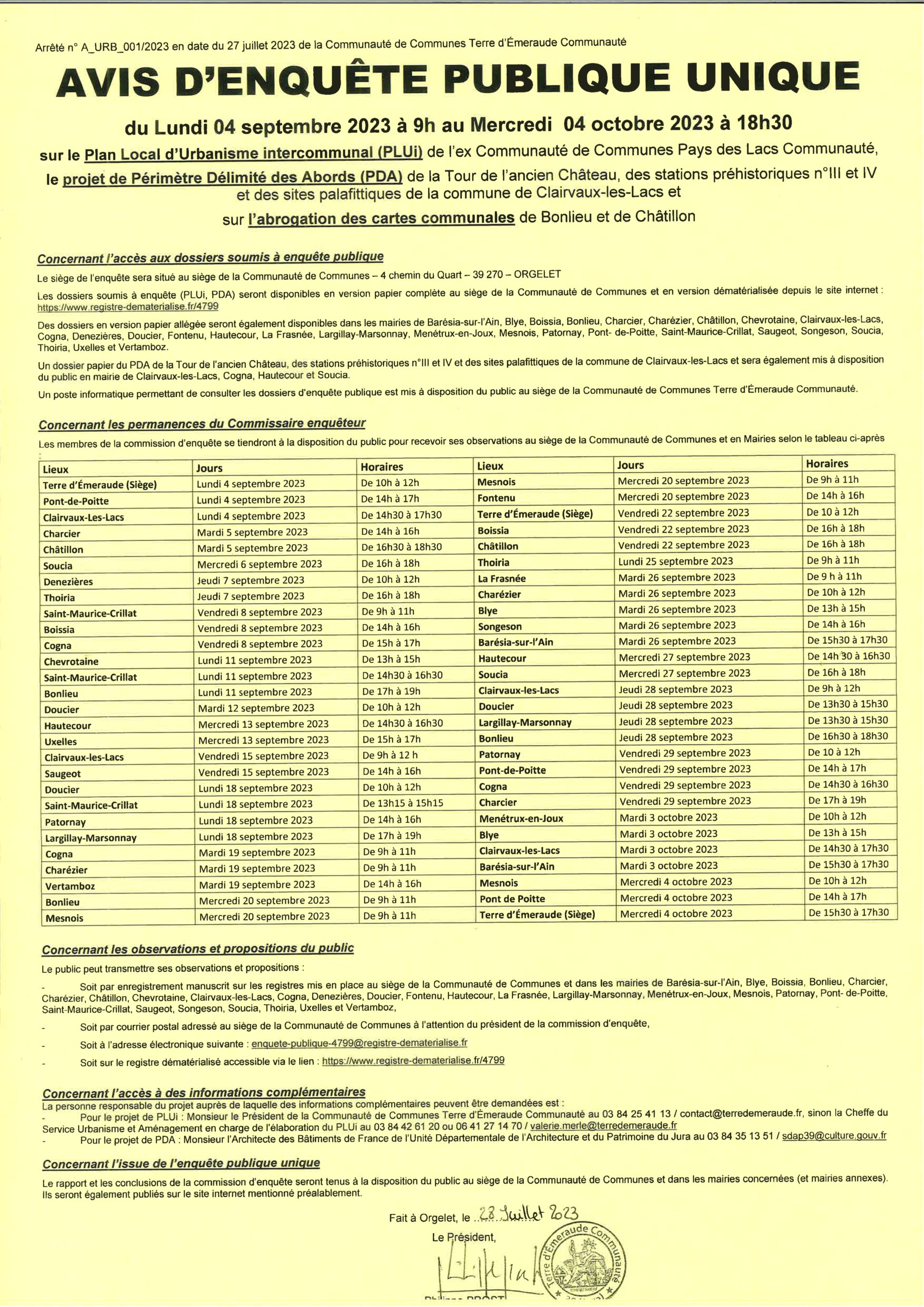 Avis enquête publique unique PLUi Pays des Lacs